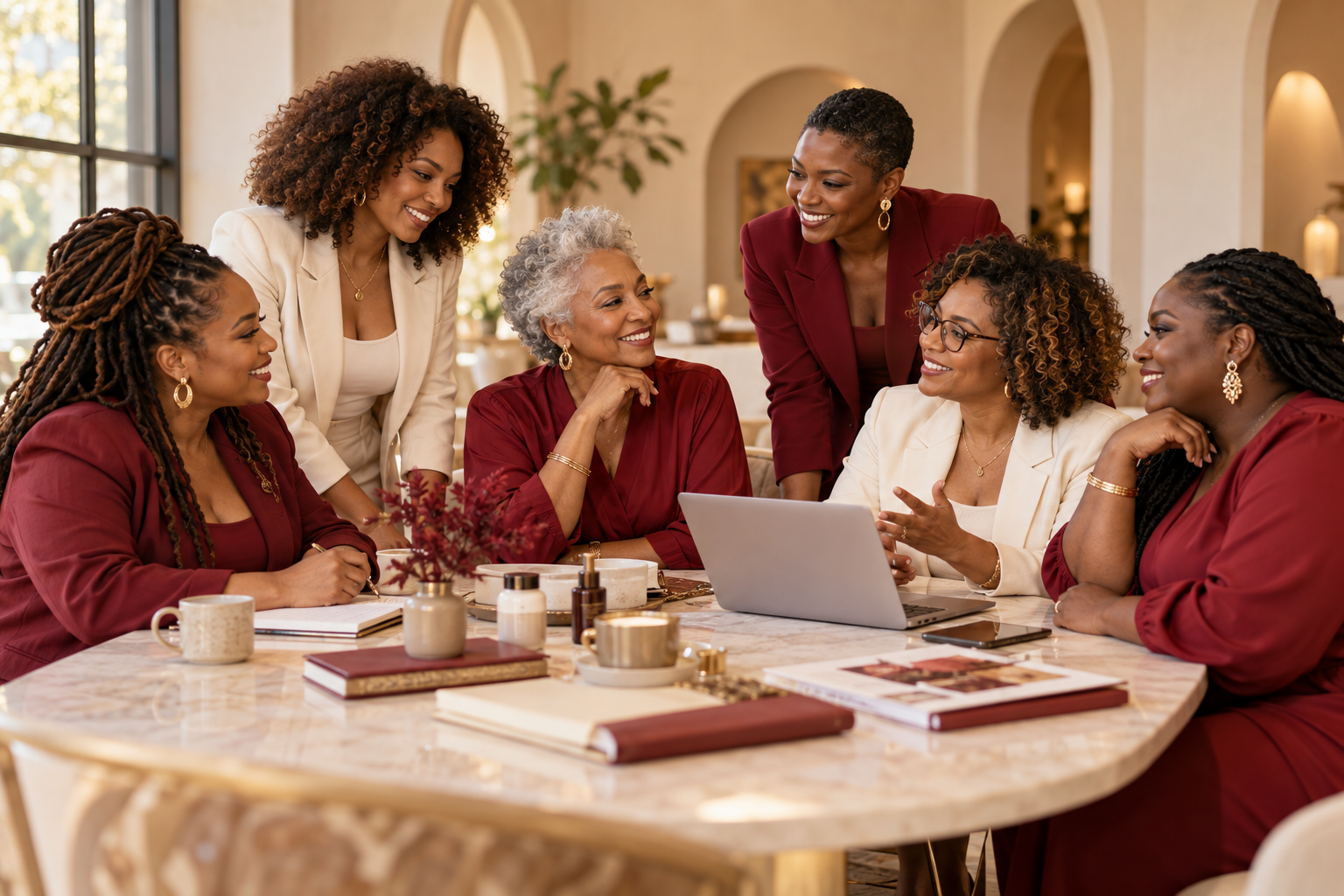 Black women business owners of different ages and body sizes collaborating around a table in crimson and cream attire